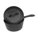 A petite black 1-qt Cast Iron Pot with a domed lid and a handle, on a white background.