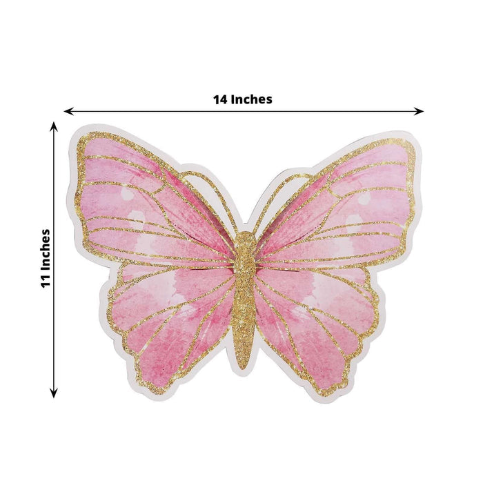 Pink butterfly cutout with glitter accents, measuring 14x11 inches.