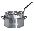 Stainless steel pot with perforated lid on a white background