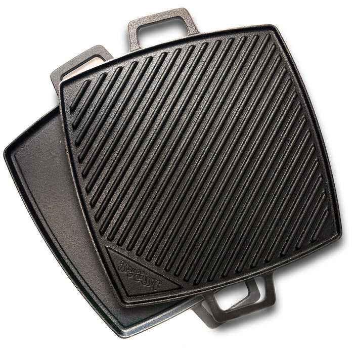 A 10.5-inch square cast iron reversible griddle with one side flat and the other ribbed on a white background.