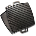 A 10.5-inch square cast iron reversible griddle with one side flat and the other ribbed on a white background.