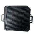 A 14-inch cast iron reversible square griddle with a flat surface and ribbed grilling surface on a white background.