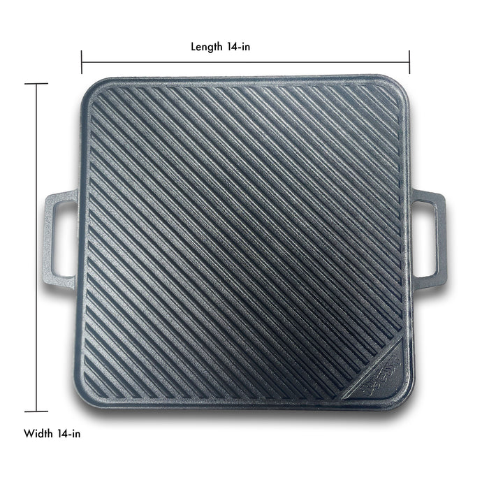 Square cast iron griddle showing dimensions of 14-in length and 14-in width on a white background