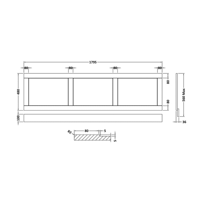 [BFBY207P] 1800mm Bath Front Panel WGGREY - Technical Drawing