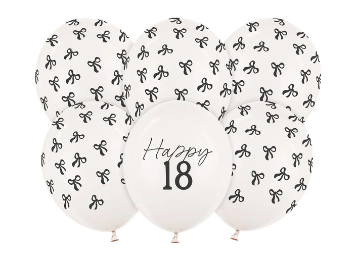 18th Birthday Balloons - Black Bows & Off White Happy 18 Balloon Pack - Coquette Theme - Inflate With Helium Or Air - Pack Of 6 - Jolie Fete UK