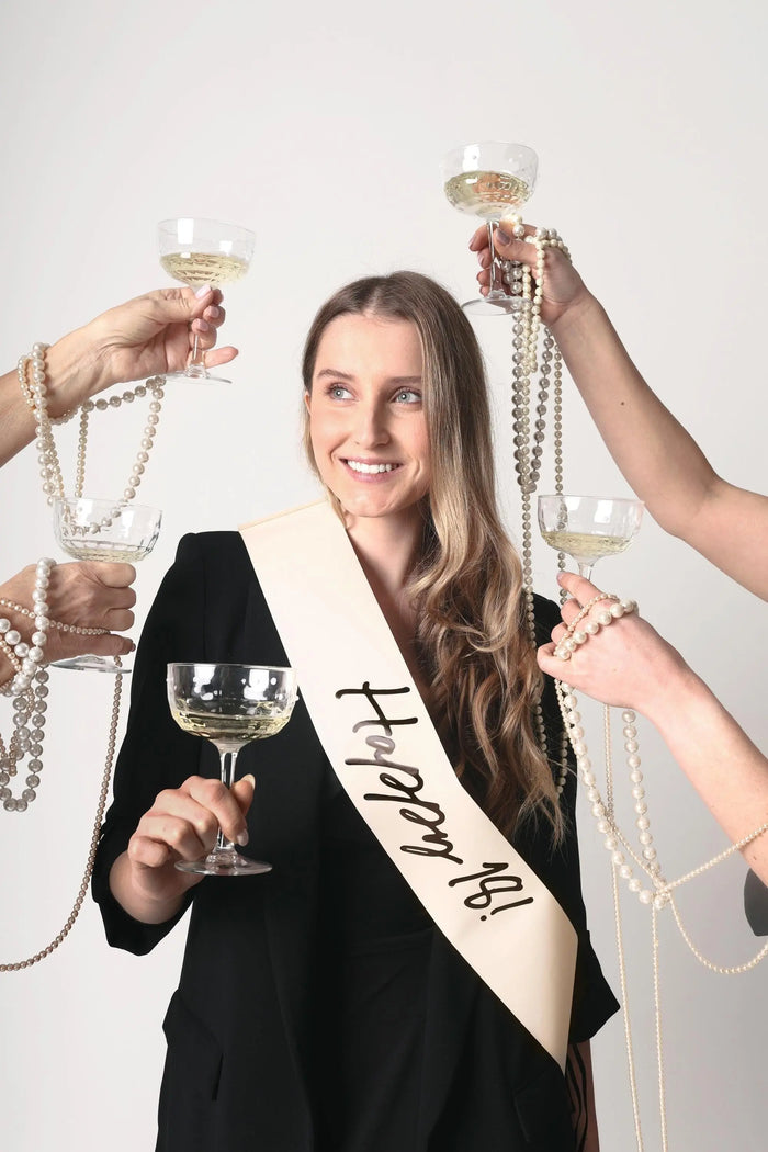 18th Birthday Sash With Velvet Ribbon – Paper Happy 18! Milestone Sash - Black Script - Black and Cream Birthday Accessory for 18th Birthday - Jolie Fete UK