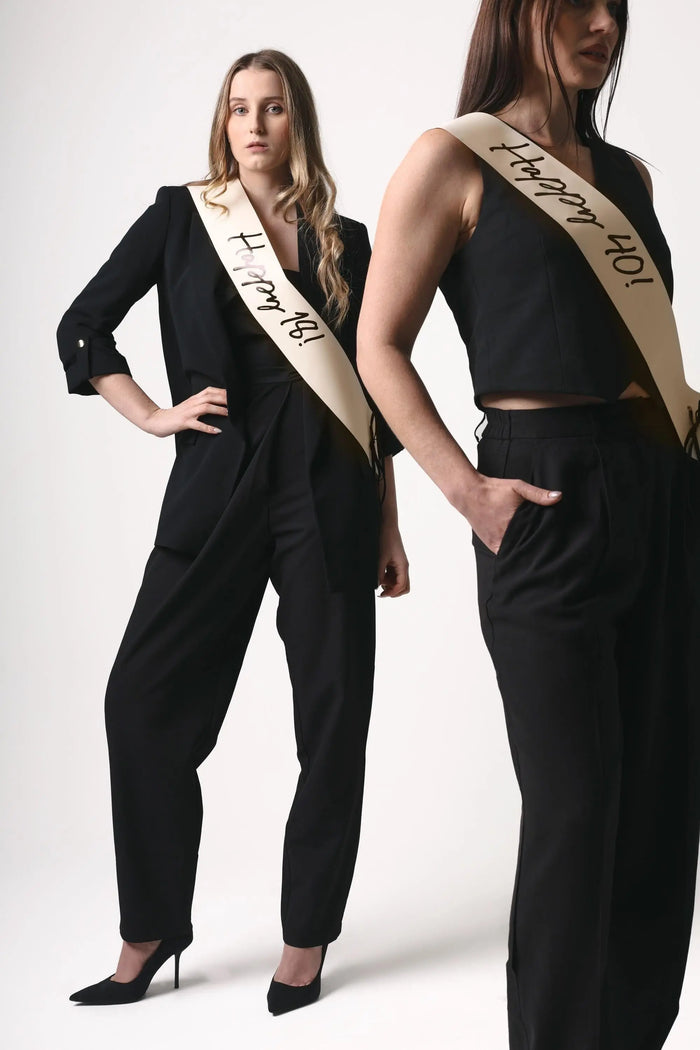 18th Birthday Sash With Velvet Ribbon – Paper Happy 18! Milestone Sash - Black Script - Black and Cream Birthday Accessory for 18th Birthday - Jolie Fete UK
