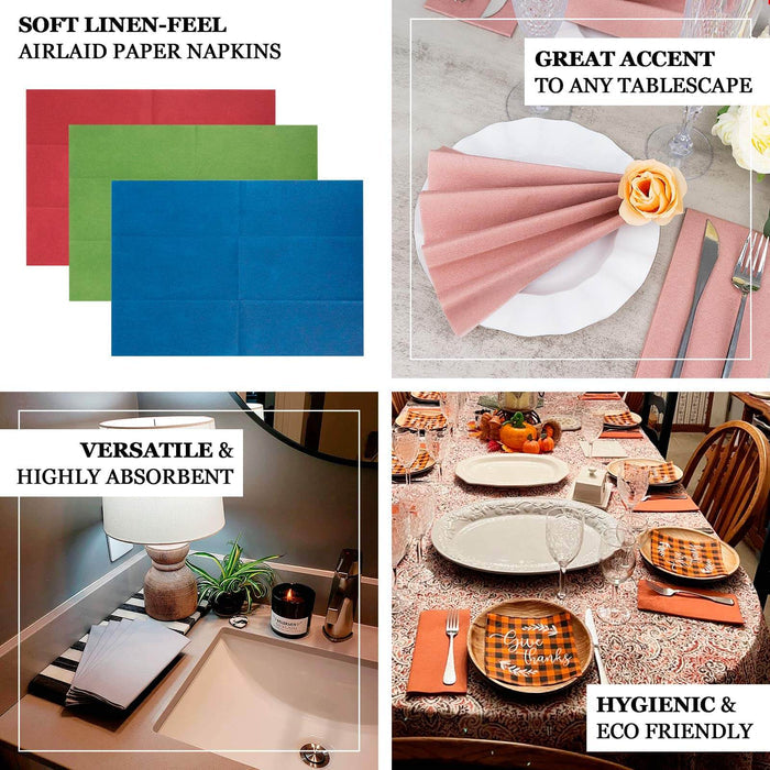 Versatile airlaid paper napkins in blue, green, and red for elegant tablescapes.