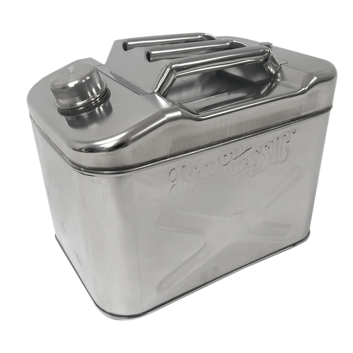 Stainless jerry oil can with a handle on a white background