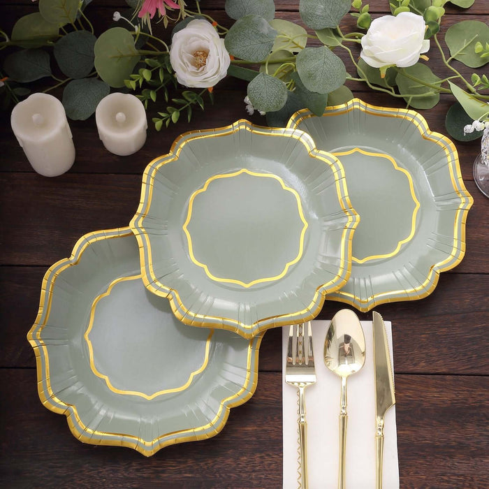 Elegant green and gold scalloped disposable plates for special occasions.