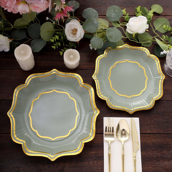 Elegant green plates with gold trim, perfect for upscale dining occasions.