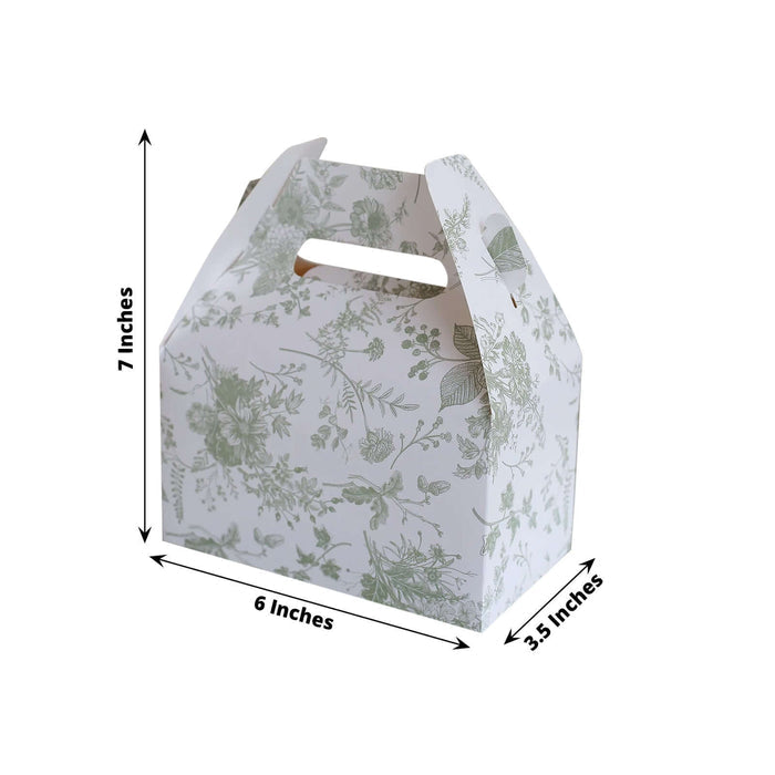 Floral-themed takeaway box with handle, dimensions 6x7x3.5 inches.