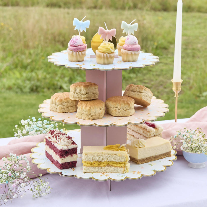 Floral Cake Stand - 3 Tier Cardboard Cupcake Stand for Afternoon Tea - Vintage Tea Party Decorations - Hen Party, Baby Shower & Garden Party - Jolie Fete UK