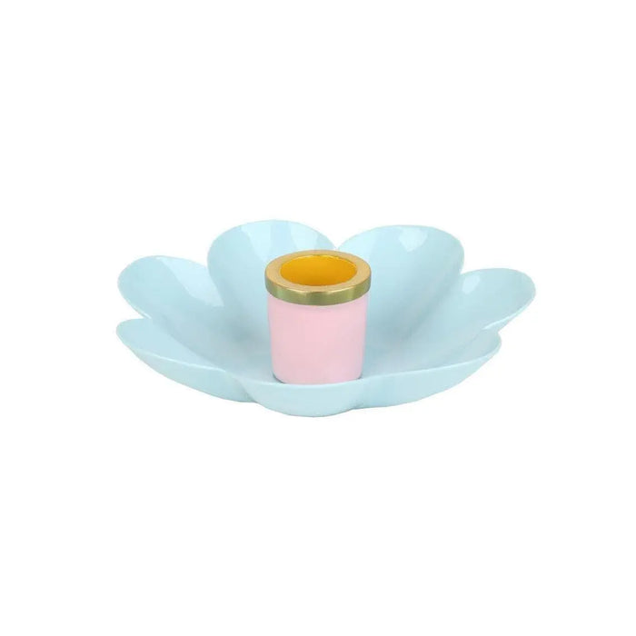 3 x Enamel Flower Shaped Candle Holders - Pastel Pink, Yellow & Blue Bloom Candlesticks - Retro Table Decor - Spring Party Supplies - Jolie Fete UK