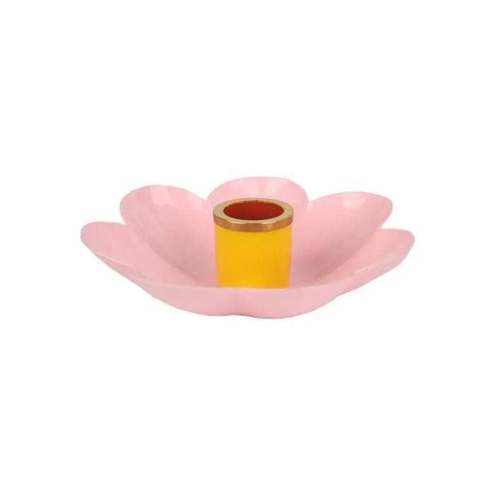 3 x Enamel Flower Shaped Candle Holders - Pastel Pink, Yellow & Blue Bloom Candlesticks - Retro Table Decor - Spring Party Supplies - Jolie Fete UK
