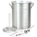 A 30-qt aluminum turkey fryer with a perforated poultry rack, a lift hook, a 12-inch stainless thermometer, and a 1-oz seasoning injector.