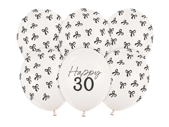 30th Birthday Balloons - Black Bows & Off White Happy 30 Balloon Pack - Coquette Theme - Inflate With Helium Or Air - Pack Of 6 - Jolie Fete UK