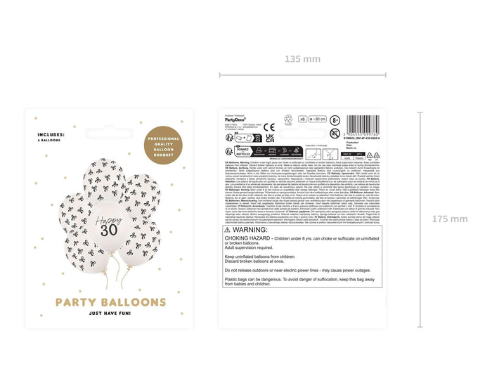 30th Birthday Balloons - Black Bows & Off White Happy 30 Balloon Pack - Coquette Theme - Inflate With Helium Or Air - Pack Of 6 - Jolie Fete UK