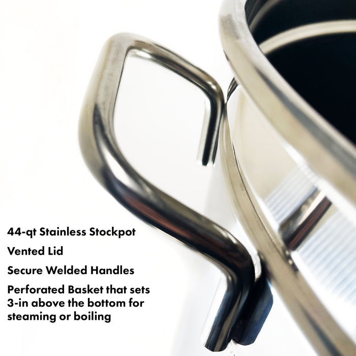 Close up of Stainless Stockpot Handle with features that read 44-qt Stainless Stockpot, Vented Lid, Secure Welded Handles, and Perforated Basket that sets 3-in above the bottom for steaming or boiling