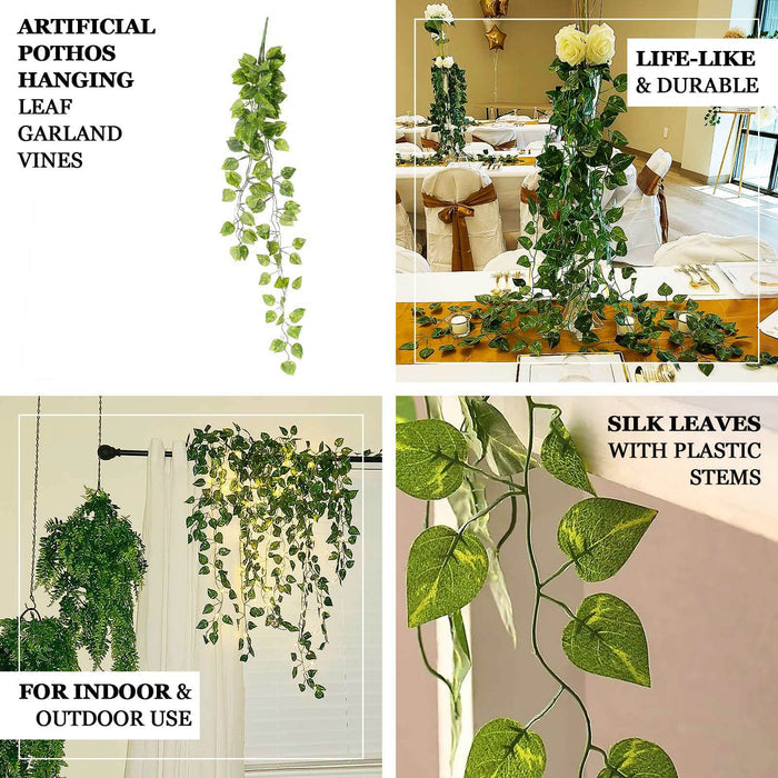 Artificial pothos hanging leaf garland vines for indoor and outdoor use.