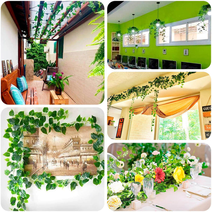 Decorative greenery accents in various interior settings.