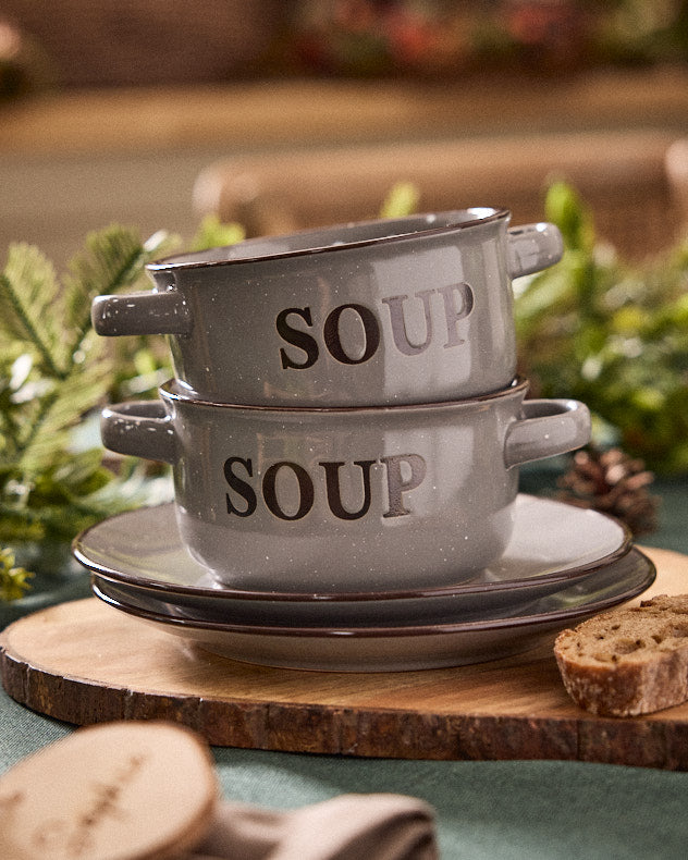 4 Piece Grey Soup Bowl & Plate Set