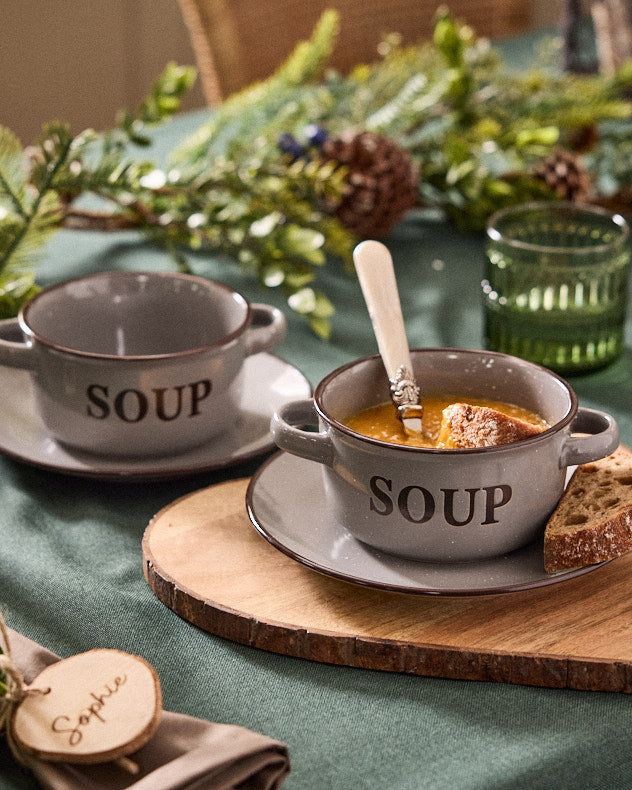 4 Piece Grey Soup Bowl & Plate Set