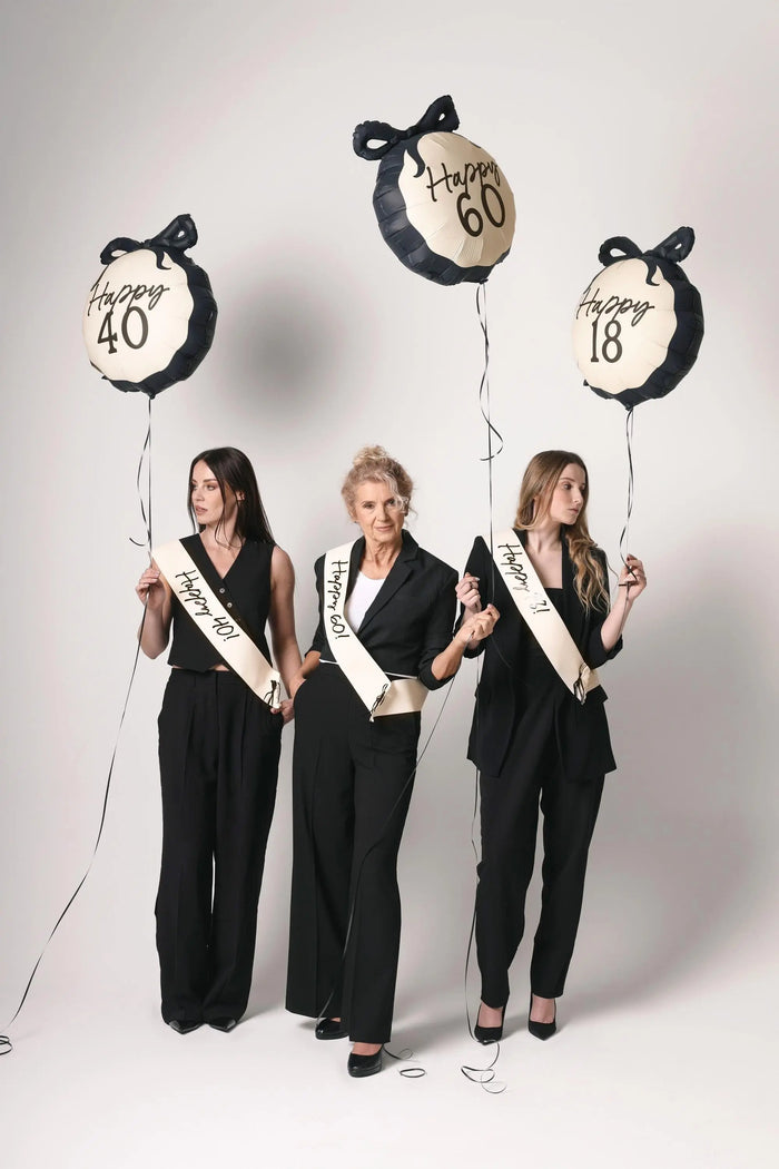 40th Birthday Sash With Velvet Ribbon – Paper Happy 40! Milestone Sash - Black Script - Black and Cream Birthday Accessory for 40th Birthday - Jolie Fete UK