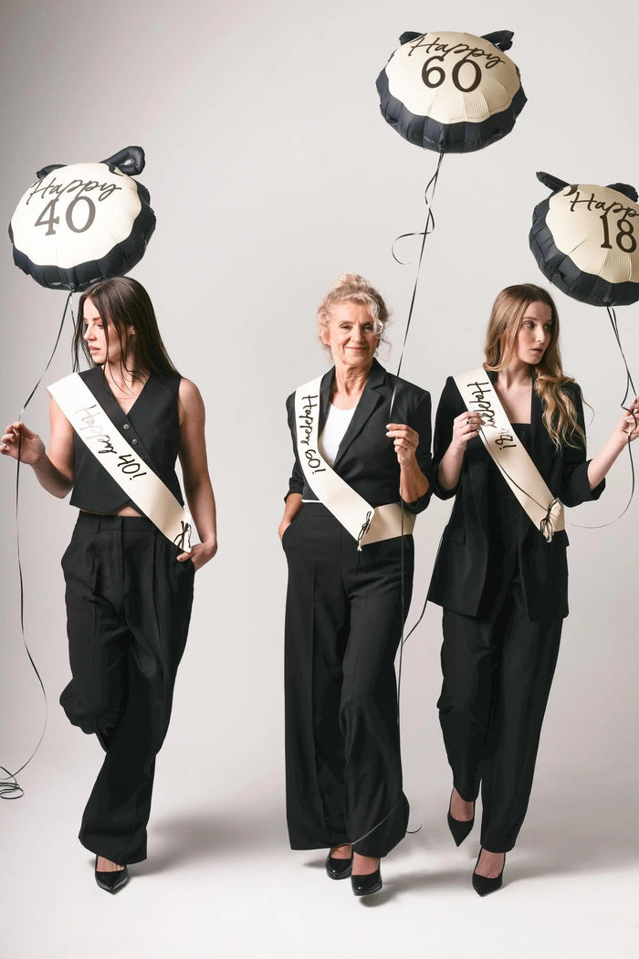 40th Birthday Sash With Velvet Ribbon – Paper Happy 40! Milestone Sash - Black Script - Black and Cream Birthday Accessory for 40th Birthday - Jolie Fete UK
