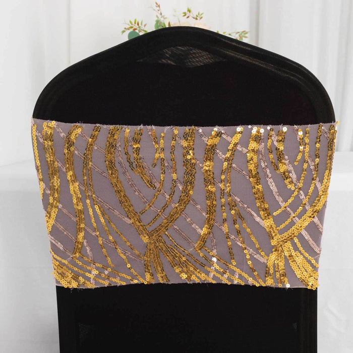 Gold sequined chair cover accent for elegant events.