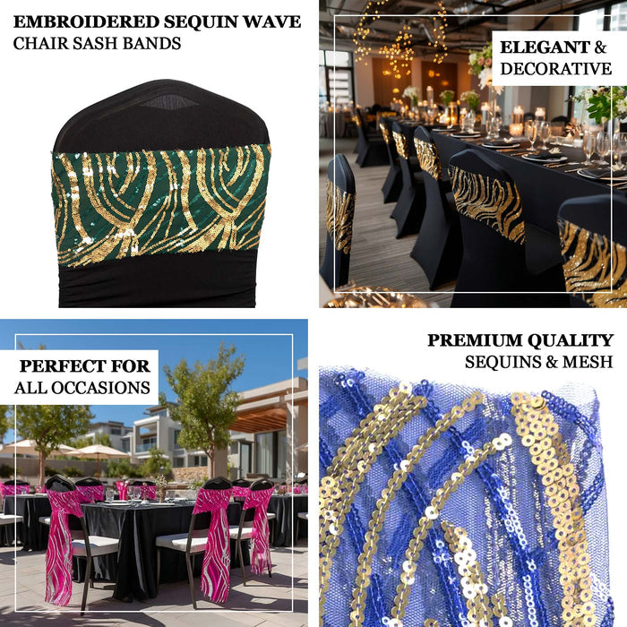 Embroidered sequin wave chair sash bands in elegant decor setting.