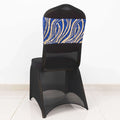 Stylish black chair with blue and gold decorative backrest design.