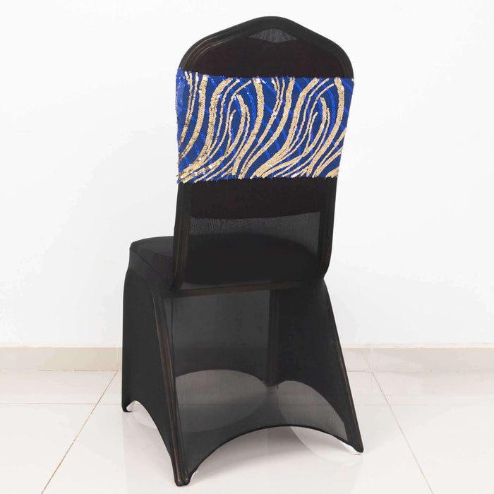 Stylish black chair with blue and gold decorative backrest design.