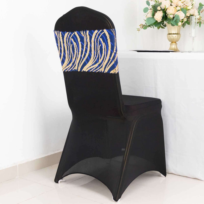 Elegant black chair cover with blue and gold abstract design.