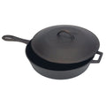 A black 5-qt cast iron covered skillet with a dome-shaped lid on a white background