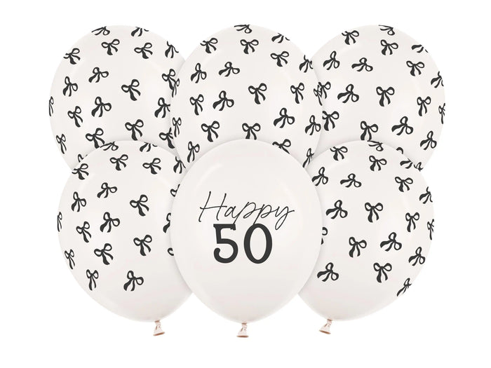 50th Birthday Balloons - Black Bows & Off White Happy 50 Balloon Pack - Coquette Theme - Inflate With Helium Or Air - Pack Of 6 - Jolie Fete UK