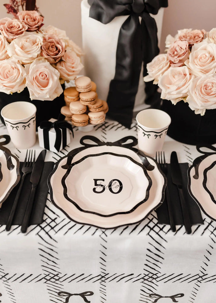 50th Birthday Paper Plates - Hello 50 Milestone Birthday-Cream & Black Party Paper Plates-Modern Party Tableware for 50th Birthday-Pack Of 6 - Jolie Fete UK