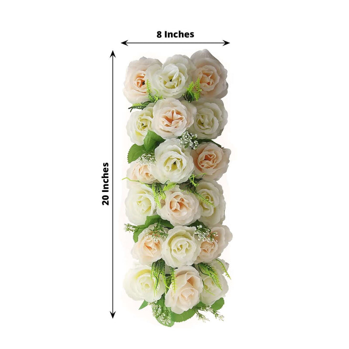 Artificial flower arrangement with soft pink roses, 20 inches tall and 8 inches wide.