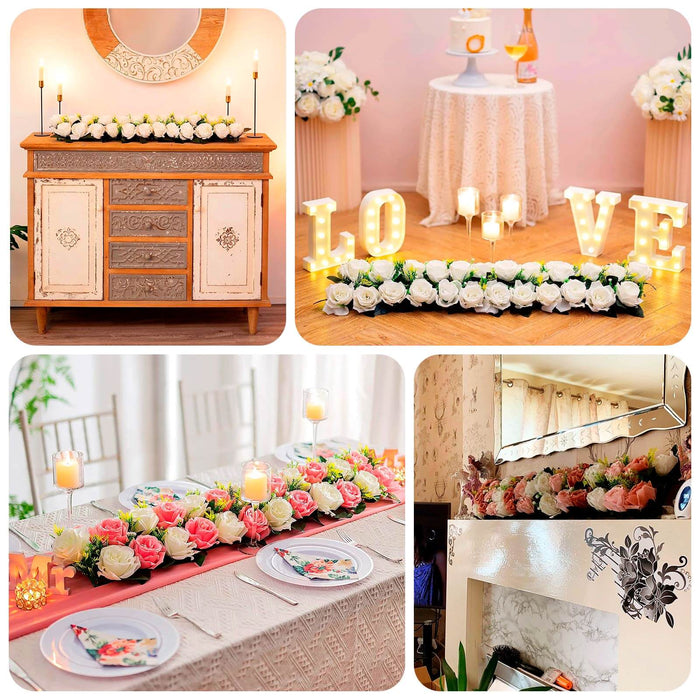 Decorative flower arrangements for weddings and events in various settings.