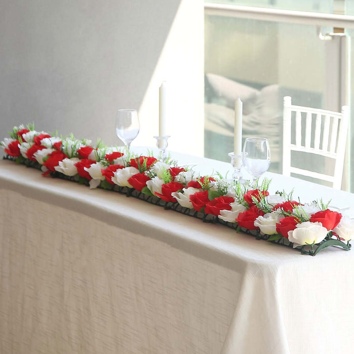 Elegant floral table runner in red and white for special events.