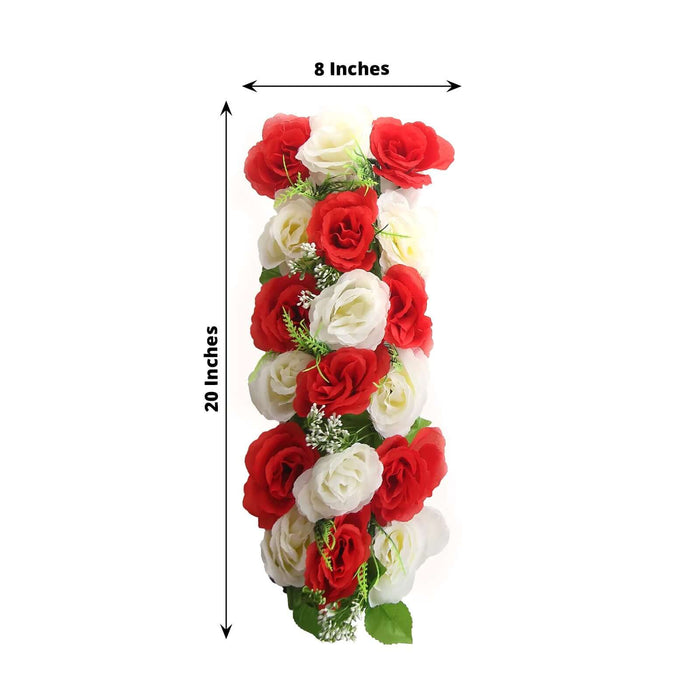 Red and white artificial flower garland, 20 inches tall and 8 inches wide.