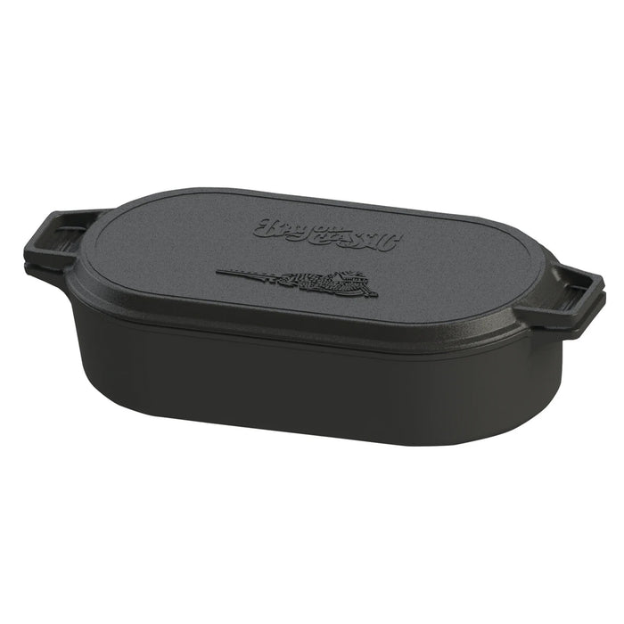 6-qt cast iron oval fryer with a closed griddle lid on a white background