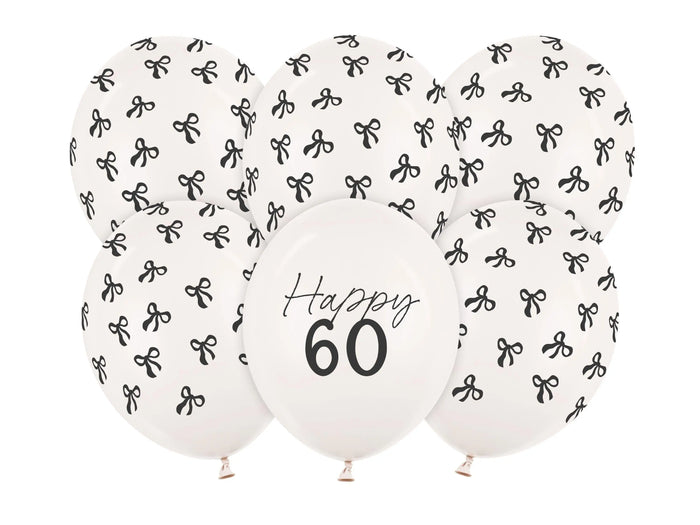 60th Birthday Balloons - Black Bows & Off White Happy 60 Balloon Pack - Coquette Theme - Inflate With Helium Or Air - Pack Of 6 - Jolie Fete UK