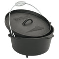 A black 8-qt Cast Iron Dutch Oven with feet, a flanged lid, and wire coiled handle on a white background