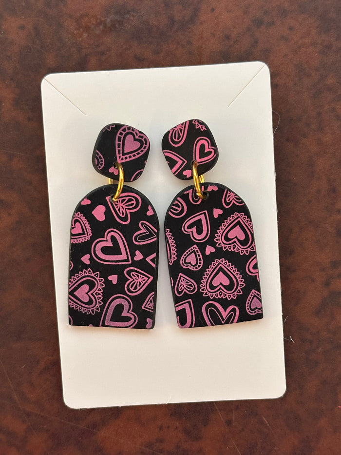 Black and Pink Heart Print Earrings