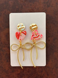 Gold Bow and Pink Swirl Heart Earrings
