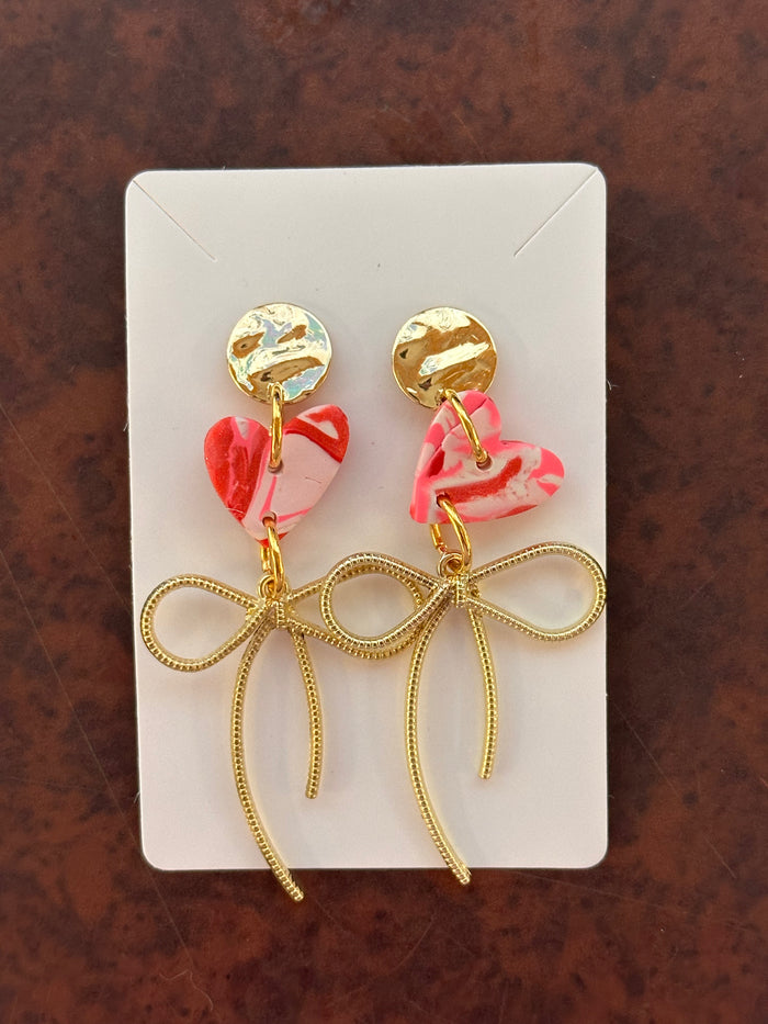 Gold Bow and Pink Swirl Heart Earrings