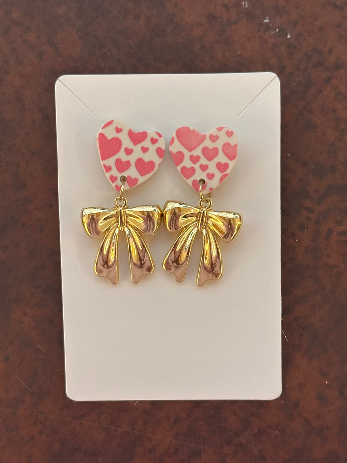 Pink Heart Print with Gold Bow Earrings