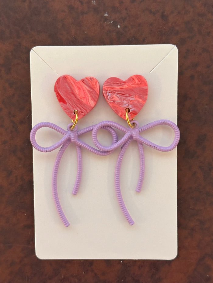 Pink Swirl Heart with Purple Bow Earrings