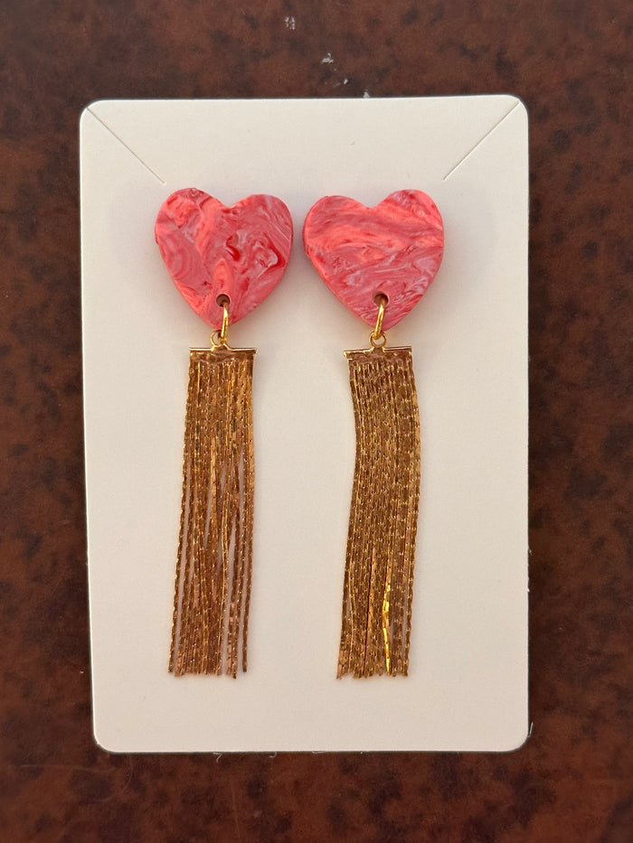 Pink Swirl and Gold Tassle Earrings